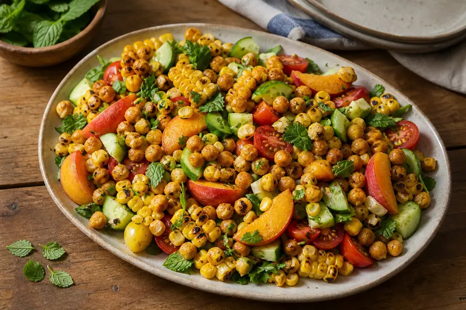 Corn peach tomato salad topped with crisp spiced chickpeas