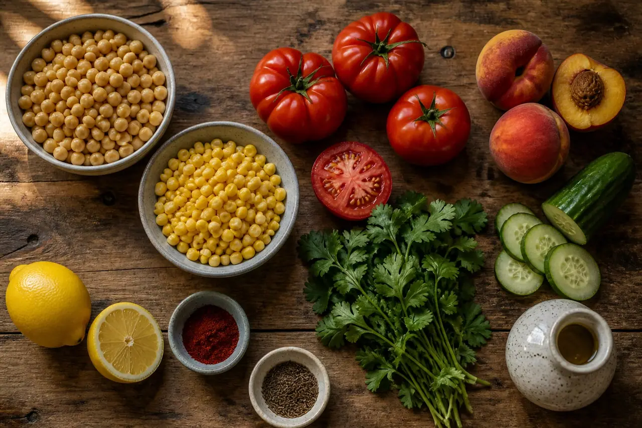 Chickpeas corn tomatoes peaches cucumber lemon herbs and spices laid out