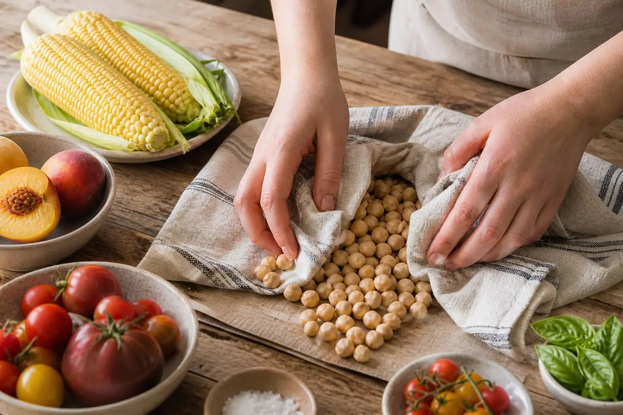 Hands drying chickpeas on a tea towel beside corn and ripe peaches