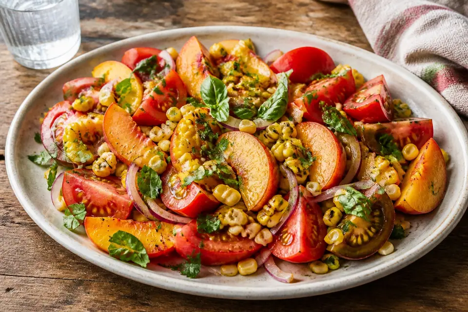 Charred corn salad with peaches tomatoes lemon and fresh herbs