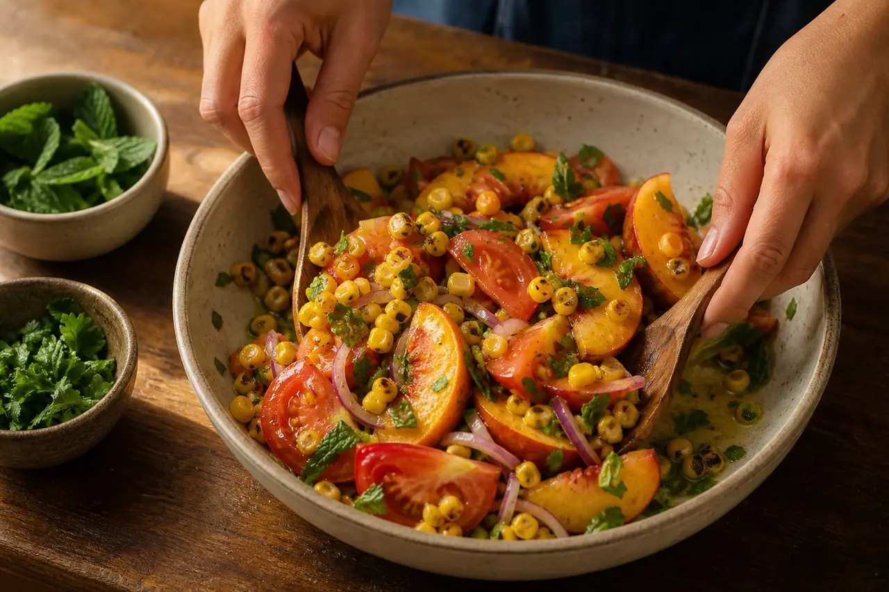 Hands slicing peaches and tomatoes beside a bowl of lemony red onion