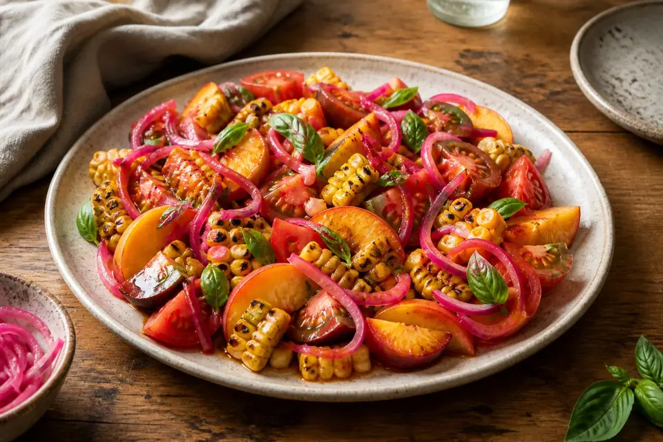 Corn tomato peach salad with pink pickled onions and basil