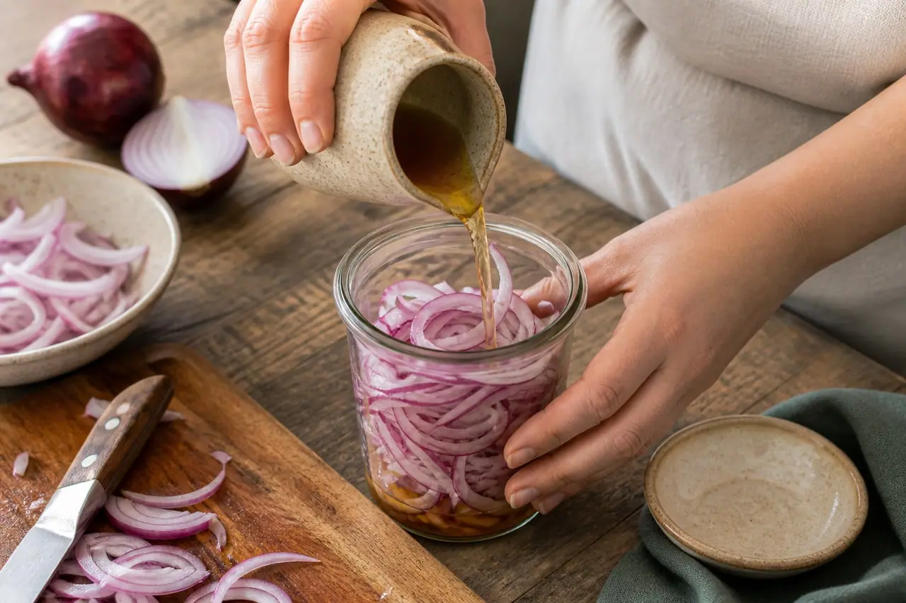 Hands pouring warm vinegar over thin red onion slices in a glass jar