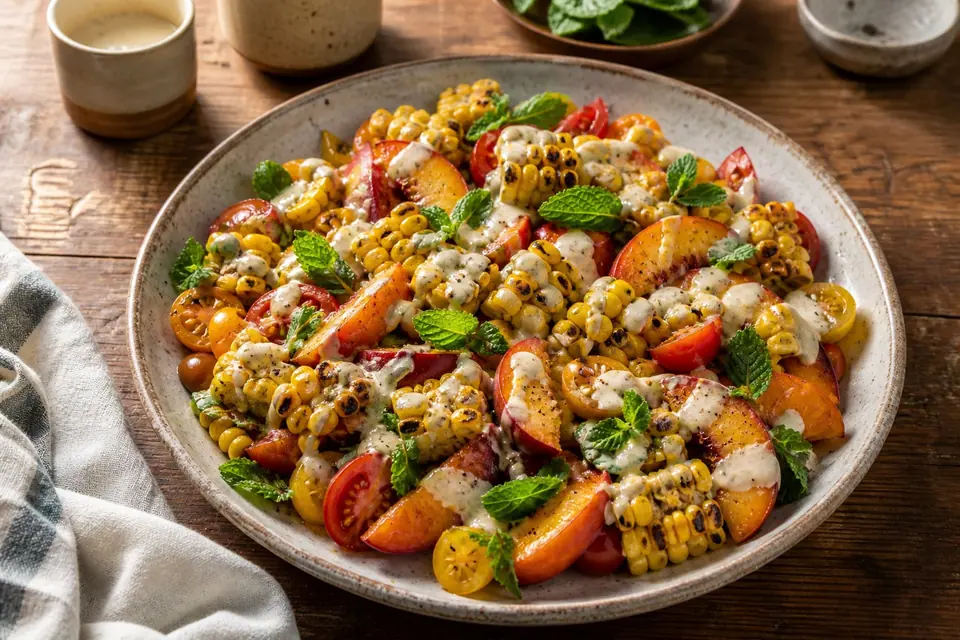 Charred corn peach tomato salad with creamy tahini lemon dressing
