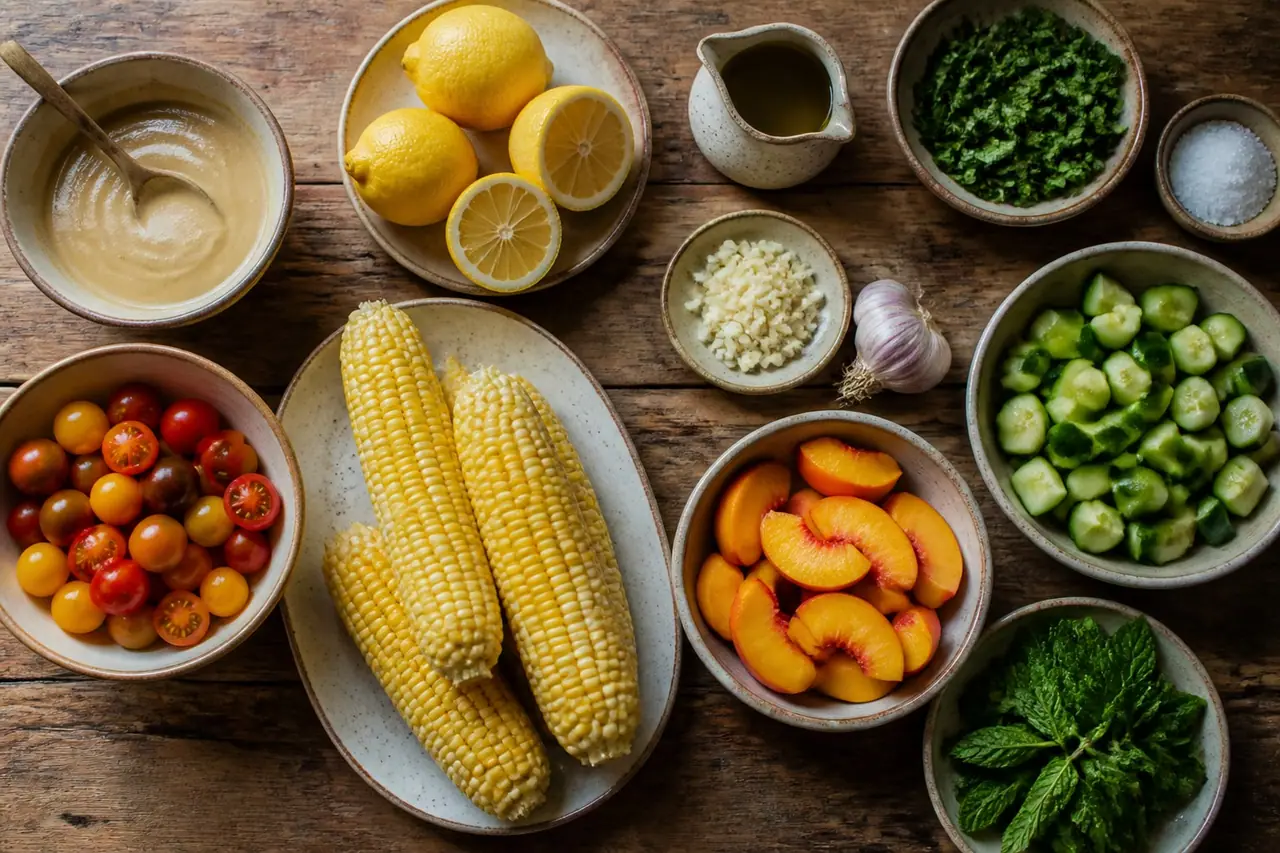 Tahini lemon garlic corn tomatoes peaches cucumber mint and olive oil