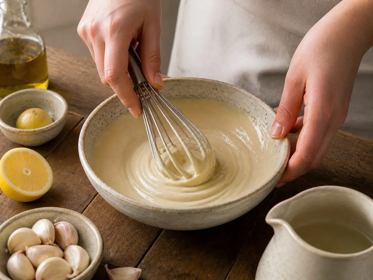 Hands whisking pale tahini lemon dressing in a small bowl