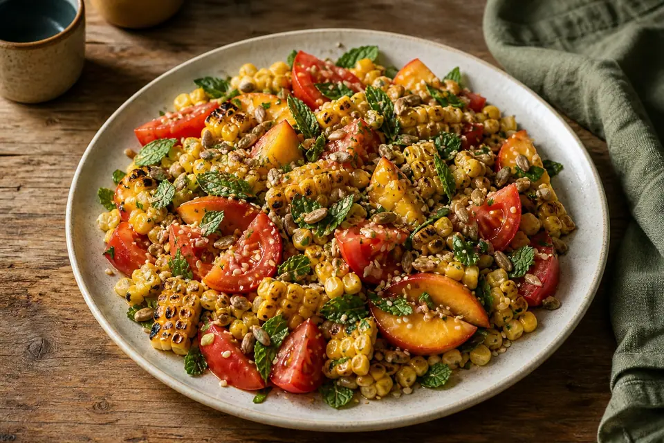 Corn tomato peach salad scattered with toasted sunflower and sesame seeds