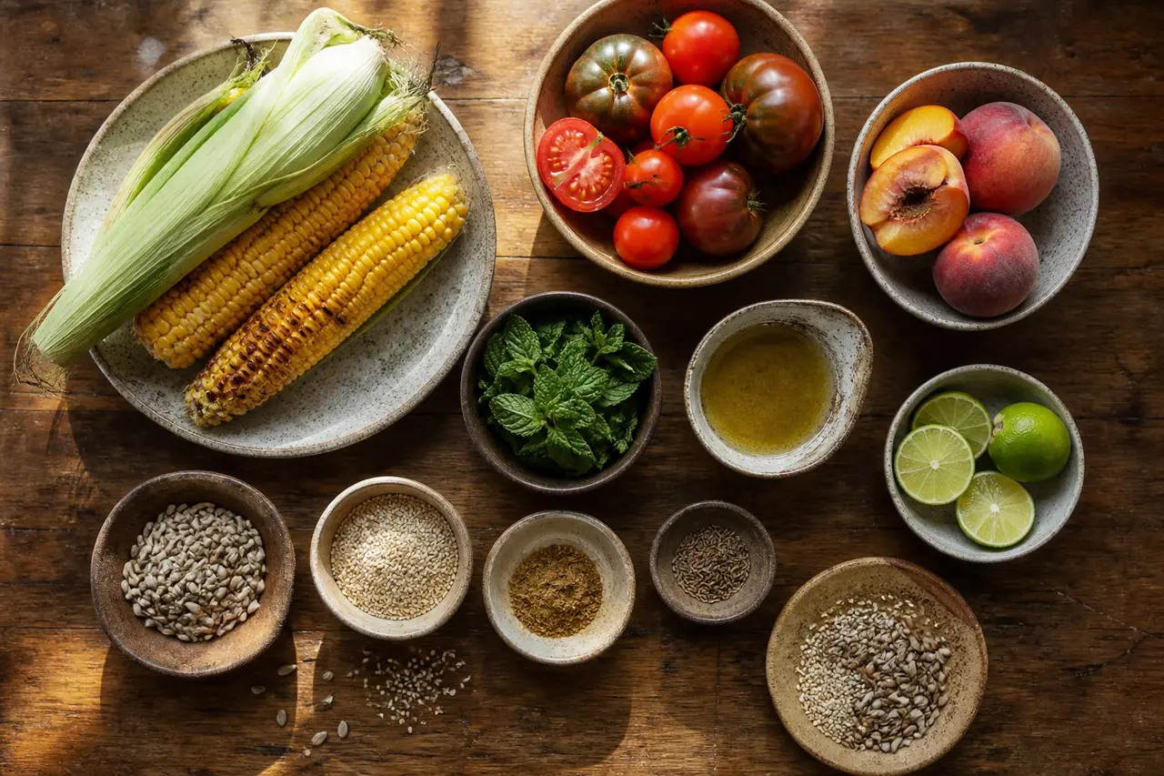 Corn tomatoes peaches sunflower seeds sesame lime mint and cumin arranged