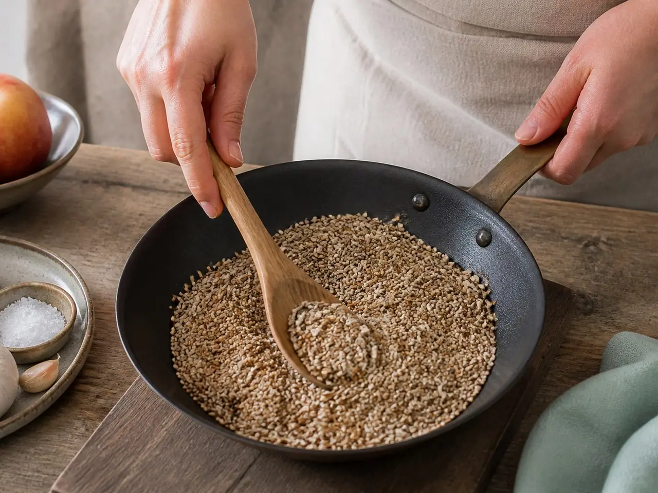 Hands stirring cumin toasted sunflower and sesame seeds in a frying pan