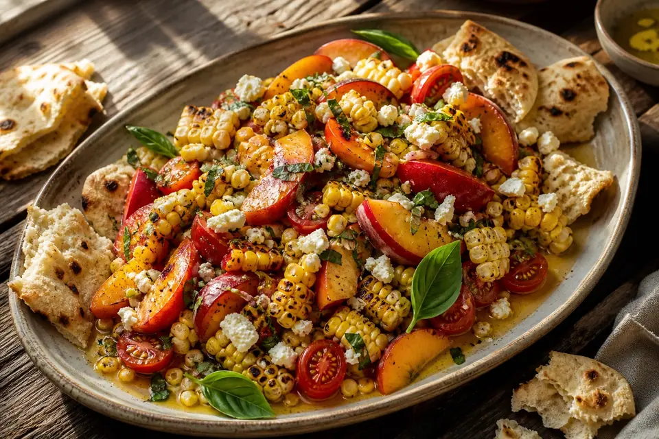 Corn peach tomato salad with torn warm flatbread on a platter