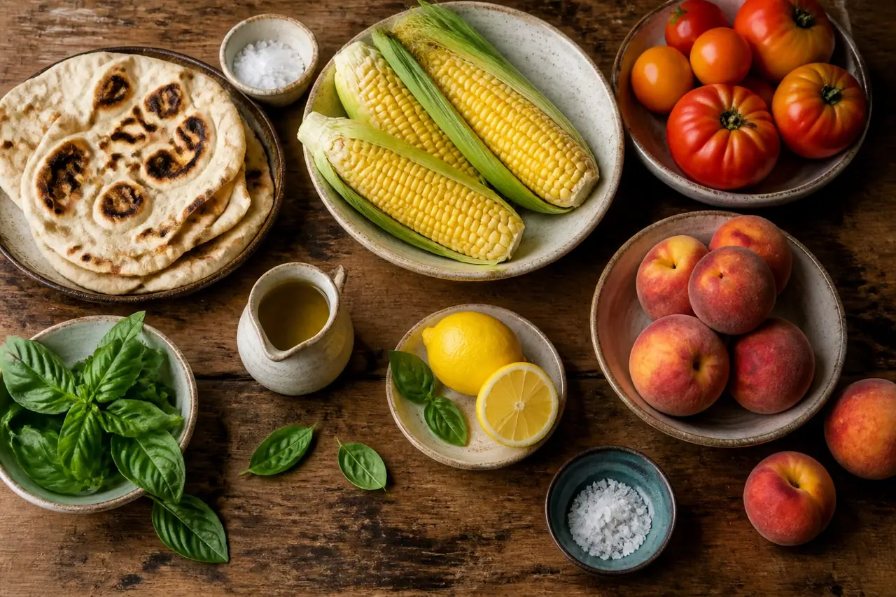 Flatbreads corn tomatoes peaches lemon basil and olive oil ready to serve
