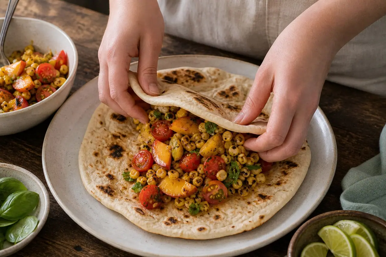 Hands turning tomatoes peaches and lemon in a wide serving bowl