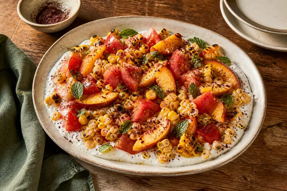 Charred corn tomato peach salad over lemony Greek yogurt