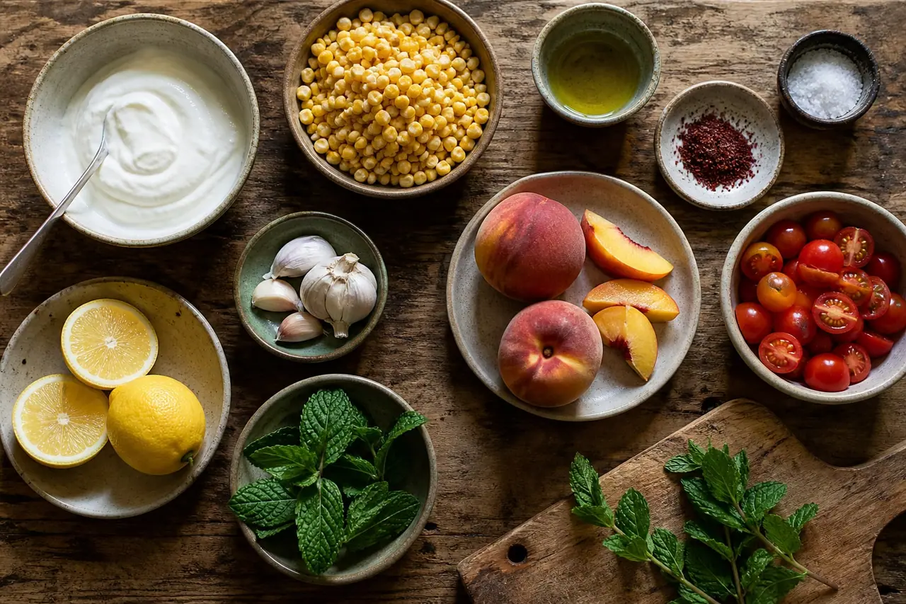 Greek yogurt corn tomatoes peaches lemon garlic mint and sumac arranged