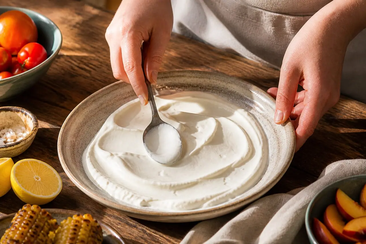 Hands spreading lemony Greek yogurt onto a wide serving platter