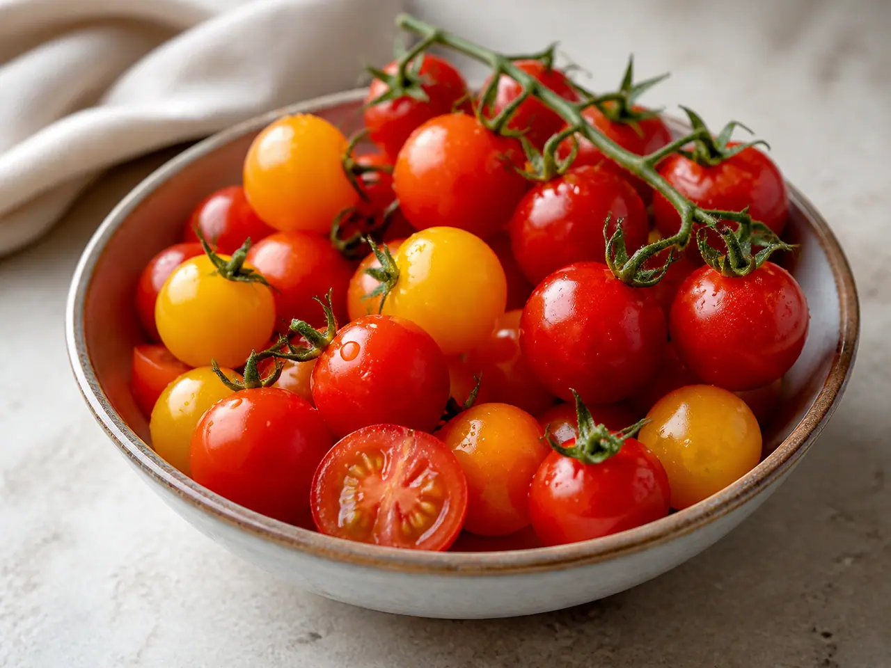 Red and yellow cherry tomatoes with one split open in a bowl