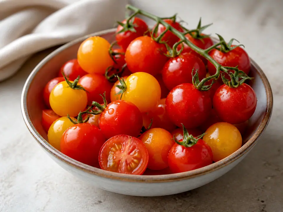 Red and yellow cherry tomatoes with one split open in a bowl