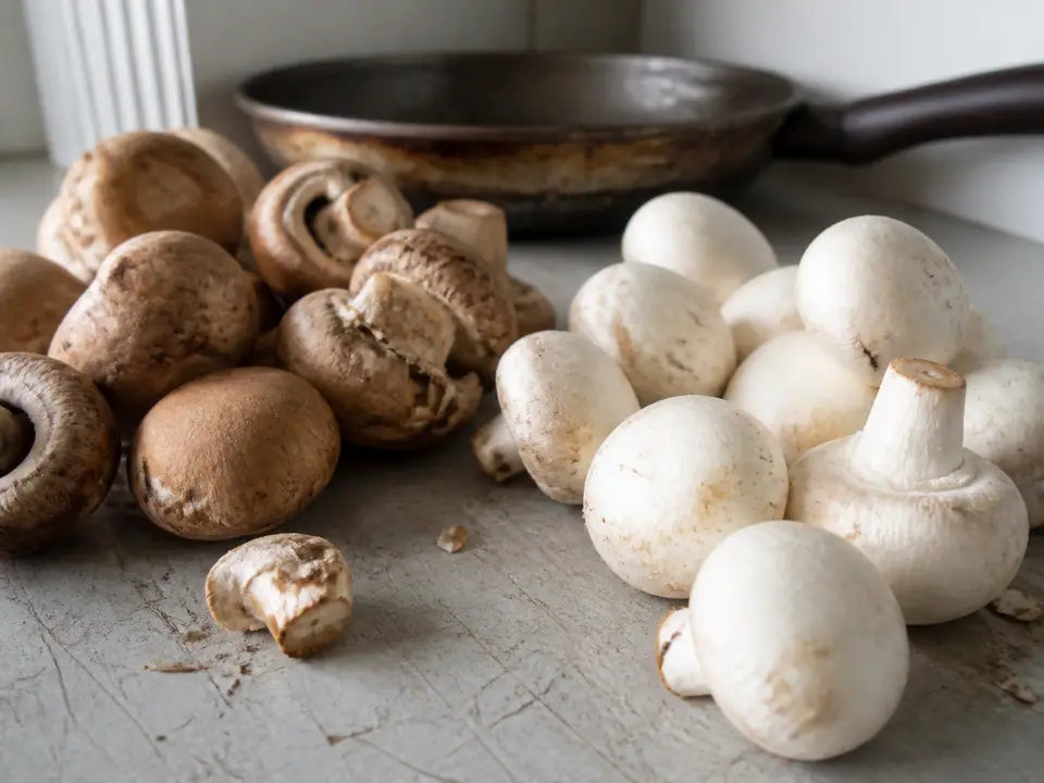 Chestnut and white mushrooms side by side on a kitchen counter