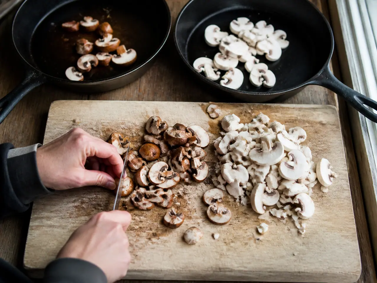 Hands slicing chestnut and white mushrooms for a fair pan test