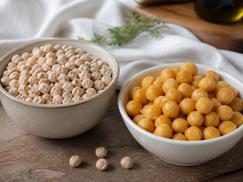 Dry chickpeas in a bowl beside glossy cooked chickpeas