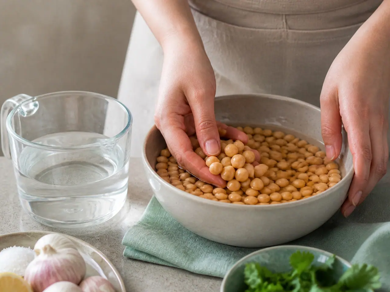 Chickpeas soaking in a bowl beside a measuring cup and towel