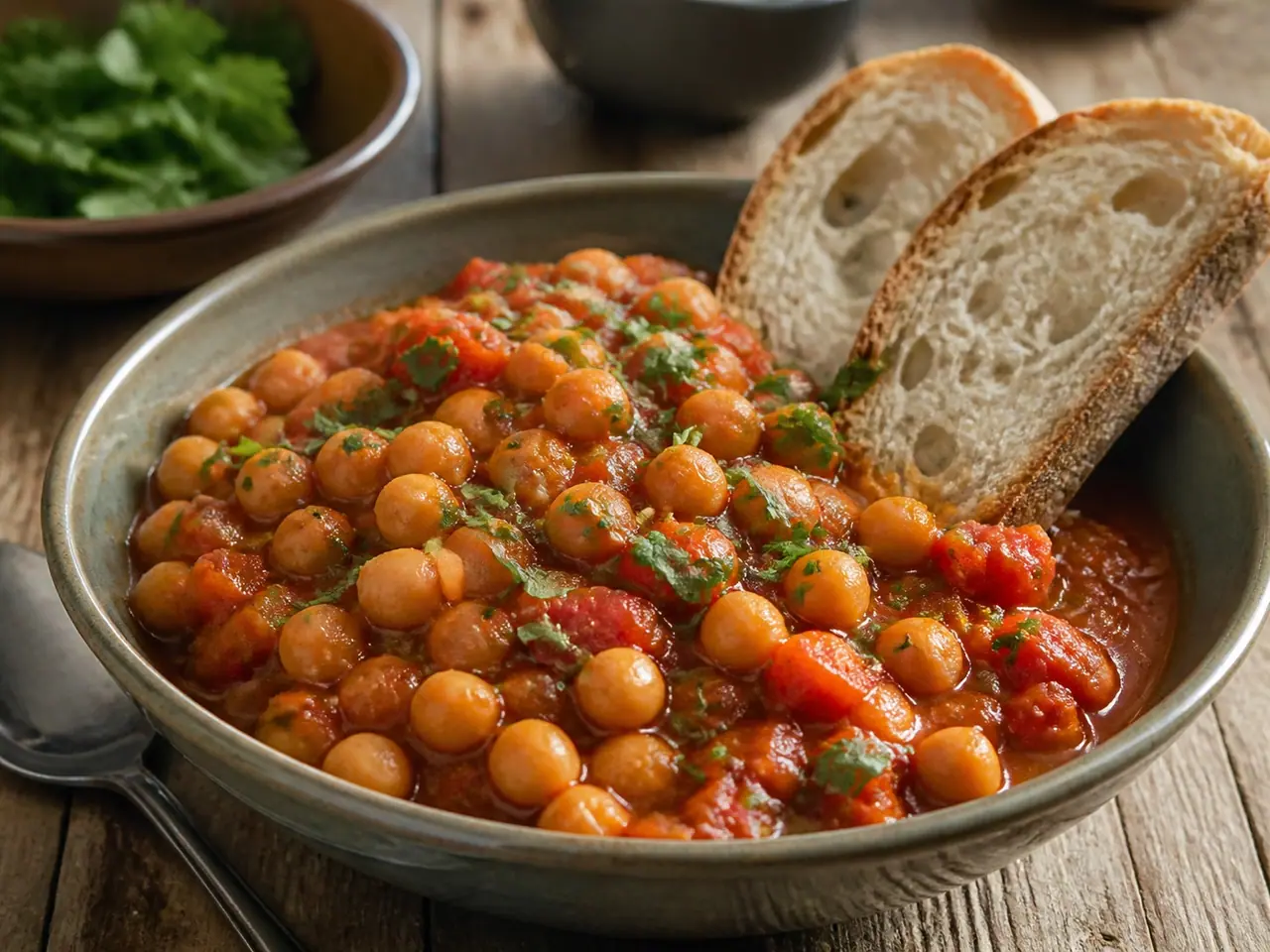 Cooked chickpeas in tomato stew with herbs and bread