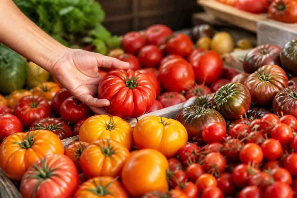 Ripe tomatoes in different colours arranged with a hand checking one