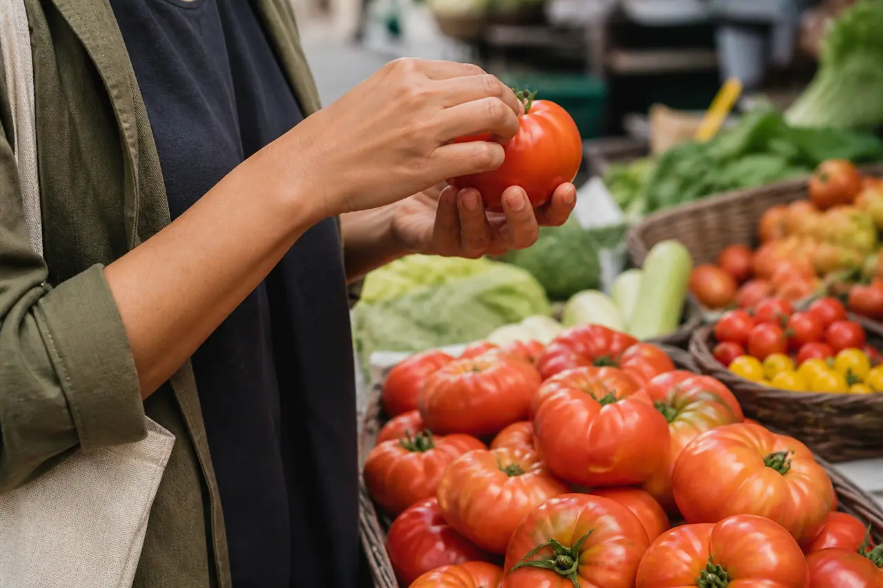 Hands checking the smell and firmness of ripe tomatoes at a market
