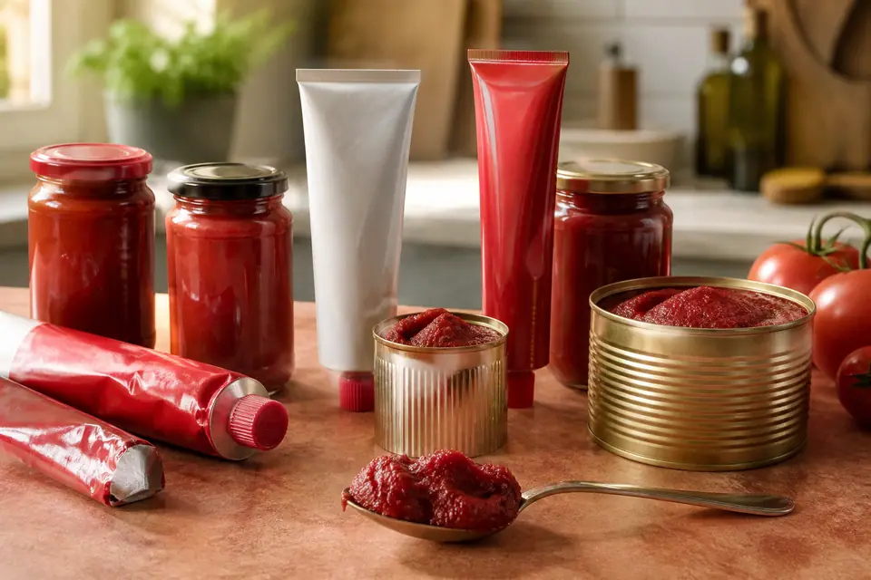 Unbranded tomato paste packages compared with a spoonful of paste