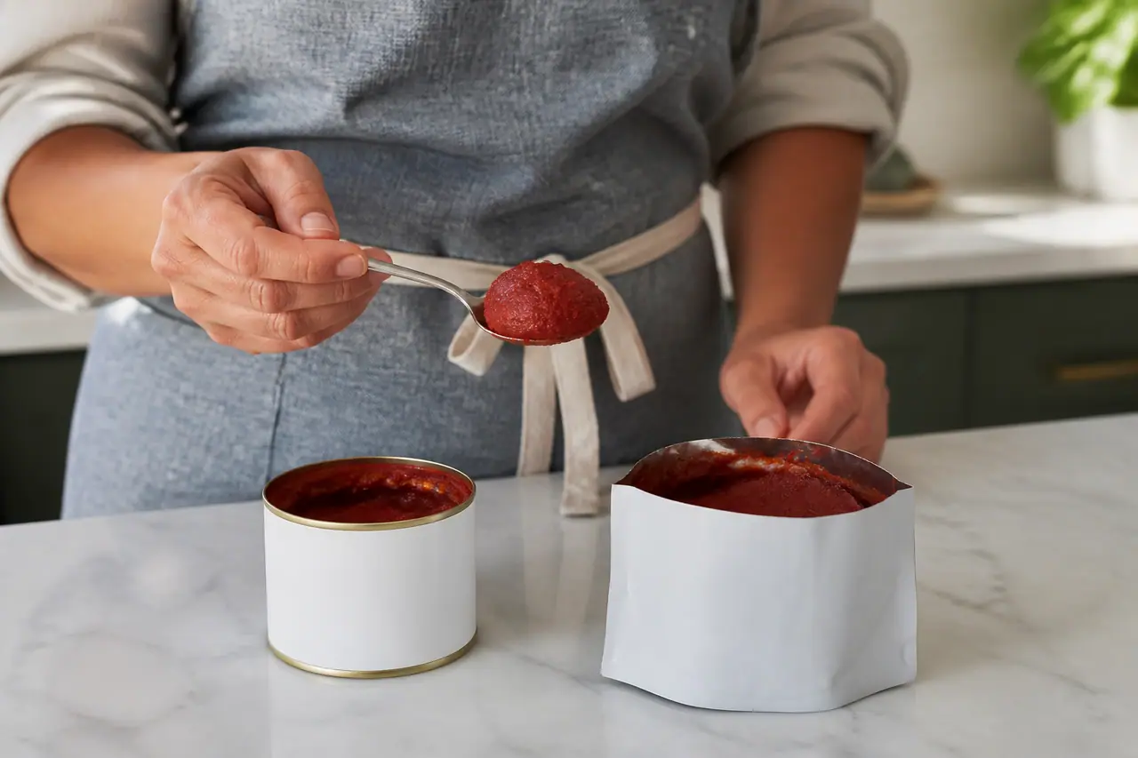 Hands comparing dense tomato paste on a spoon beside two packages