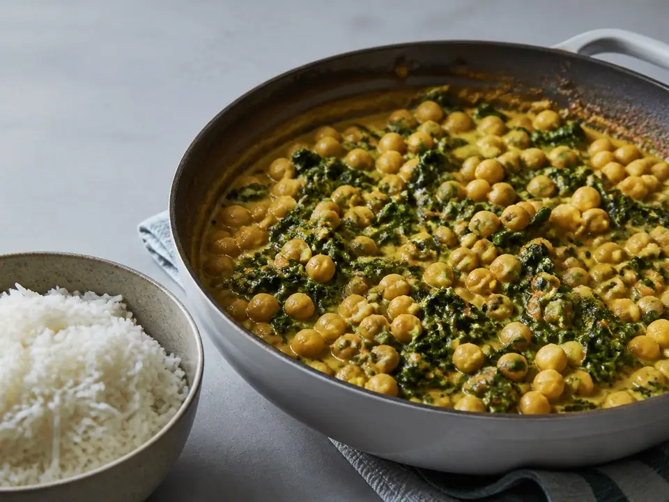 One-pan coconut chickpea curry with greens and rice