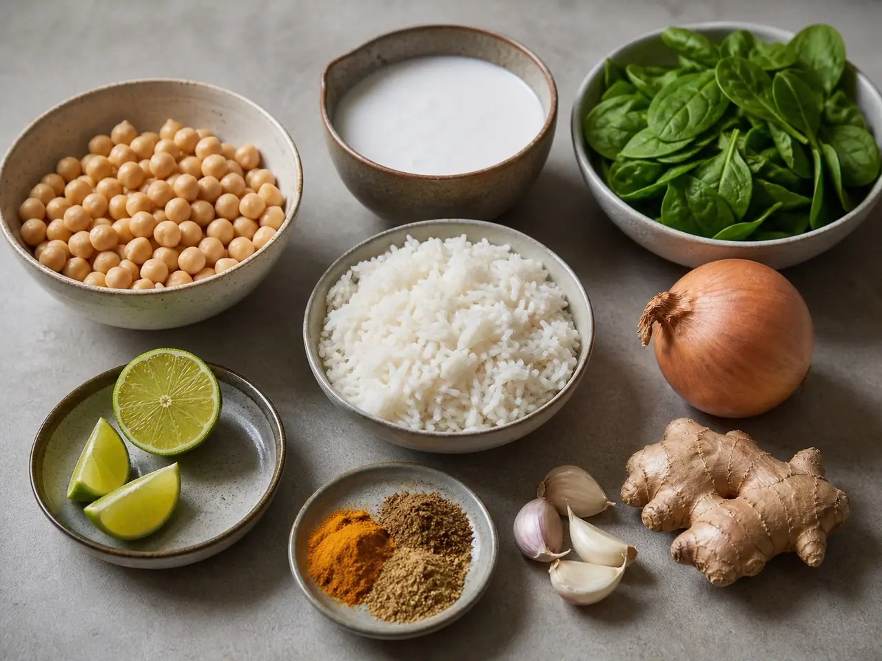 Chickpeas spinach coconut milk onion garlic ginger spices lime and rice arranged