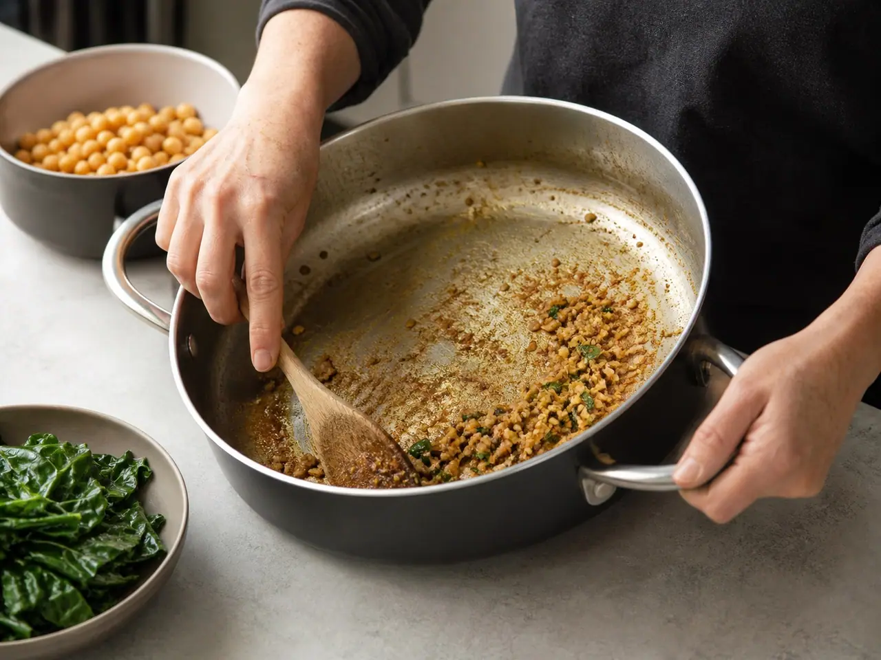 Hands scraping toasted curry spices from the base of one saucepan