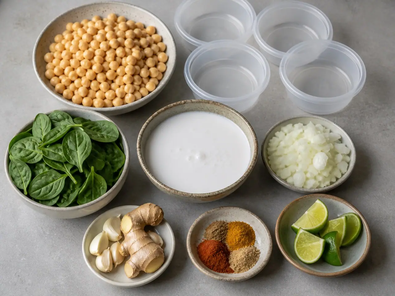 Chickpeas onions coconut milk spinach ginger spices limes and containers ready to freeze