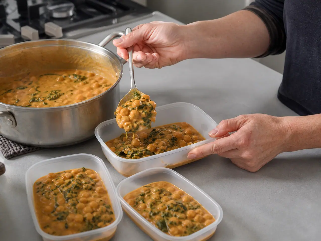 Hands portioning thick coconut chickpea curry into freezer containers