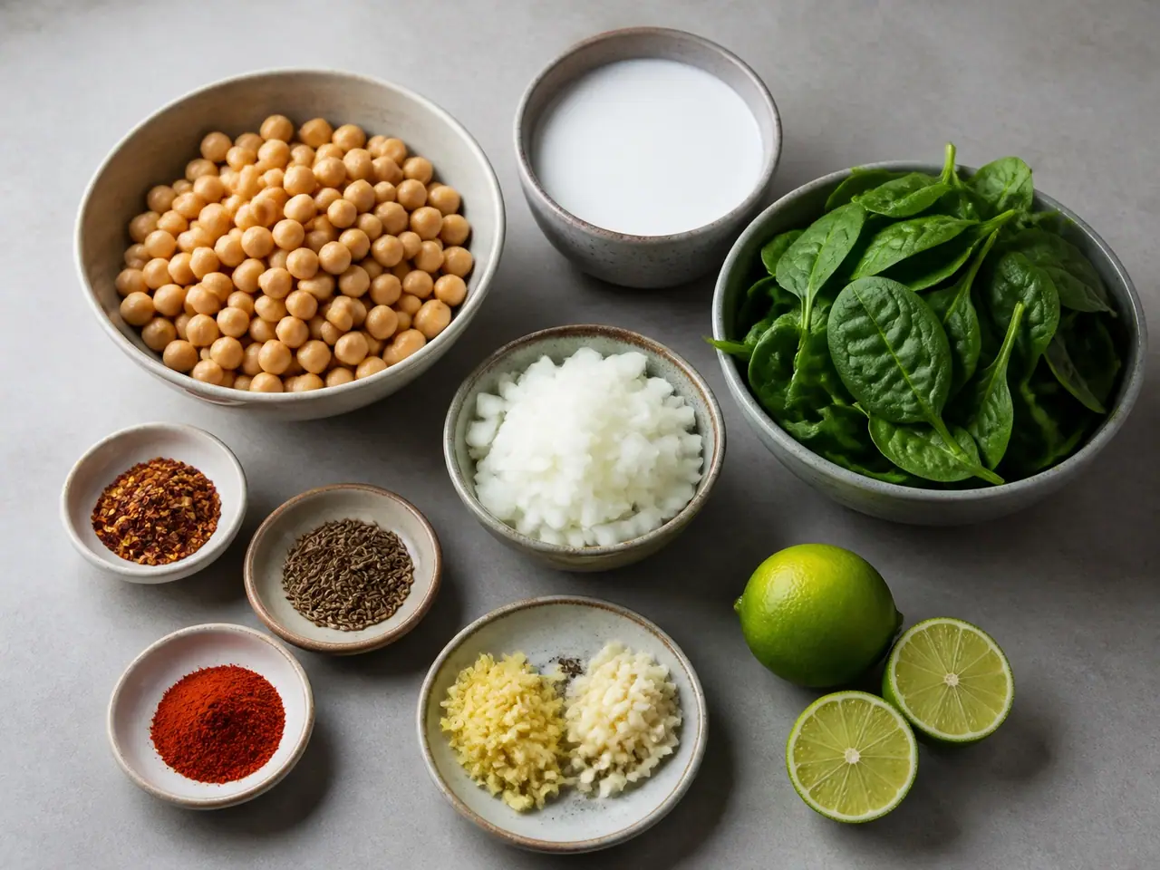 Chickpeas coconut milk greens cumin chillies lime and aromatics ready for curry