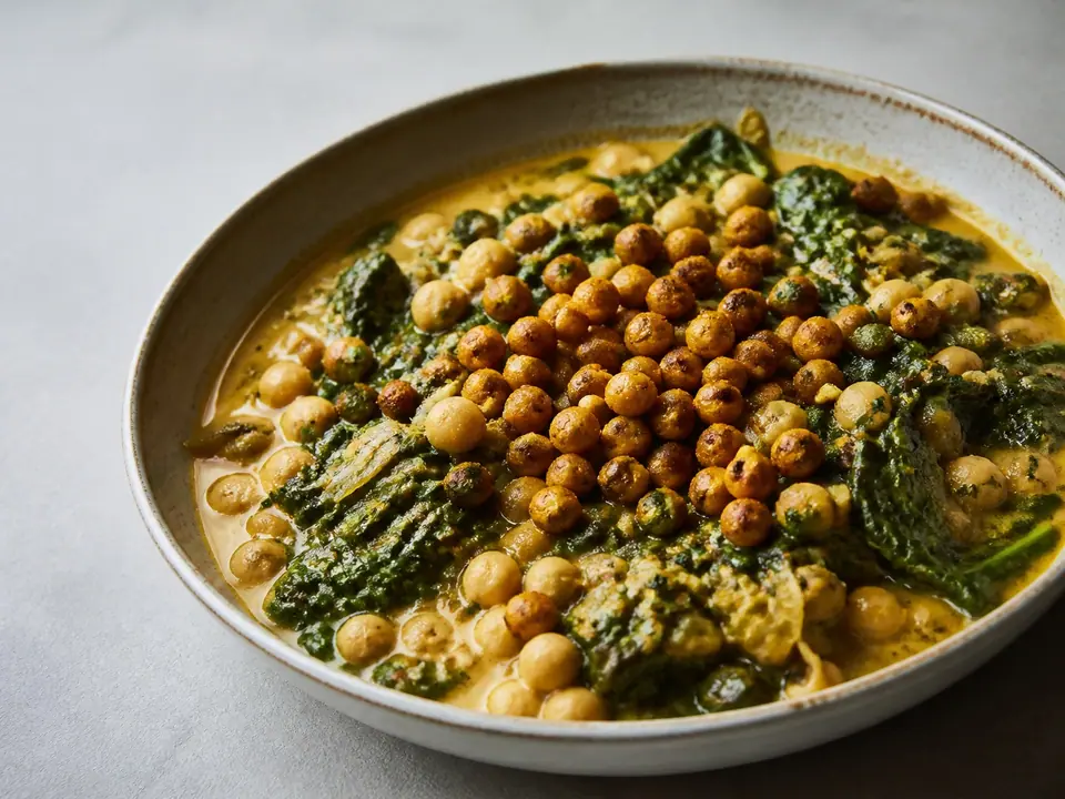 Coconut chickpea curry with greens and crisp roasted chickpeas