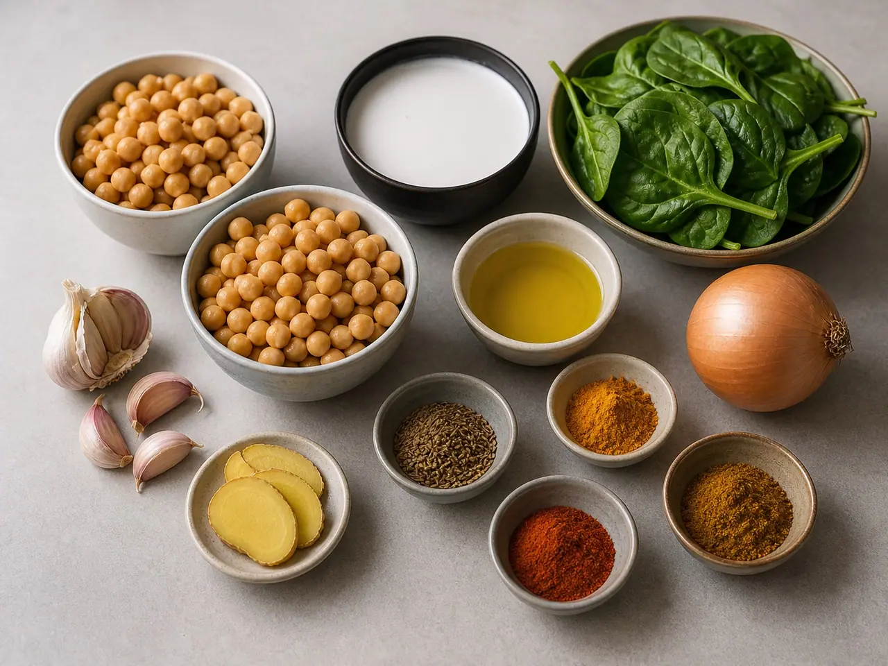 Two tins of chickpeas coconut milk spinach spices lime and onion laid out