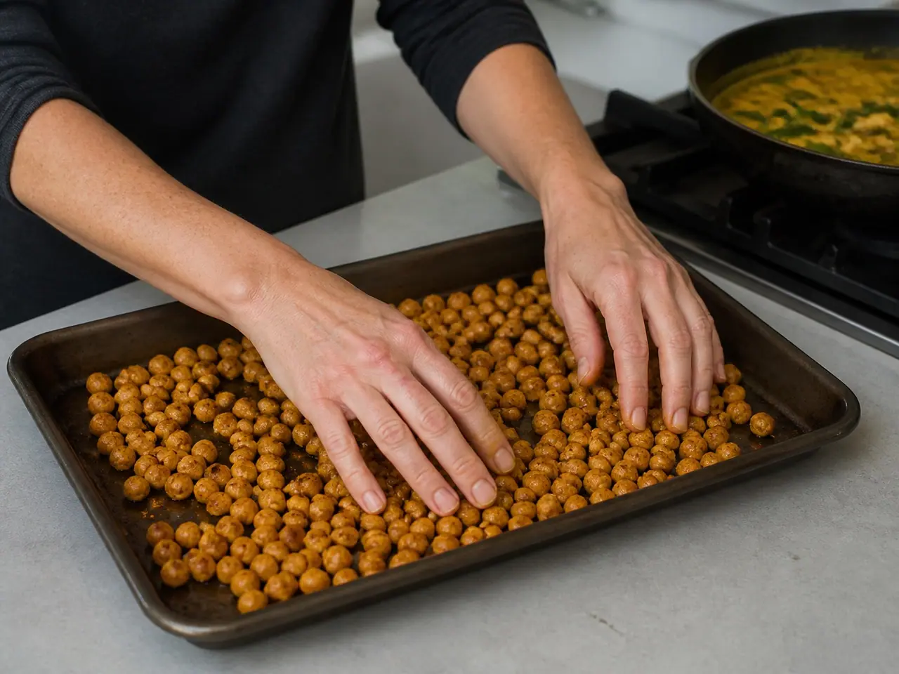 Hands shaking seasoned chickpeas across a hot roasting tray