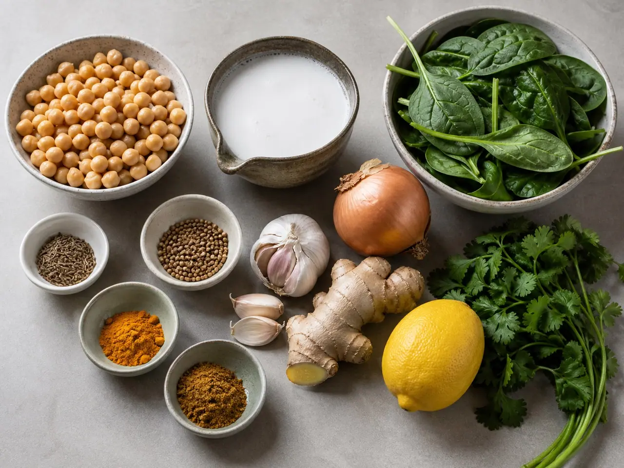 Chickpeas coconut milk greens ginger spices lemon and herbs ready to cook
