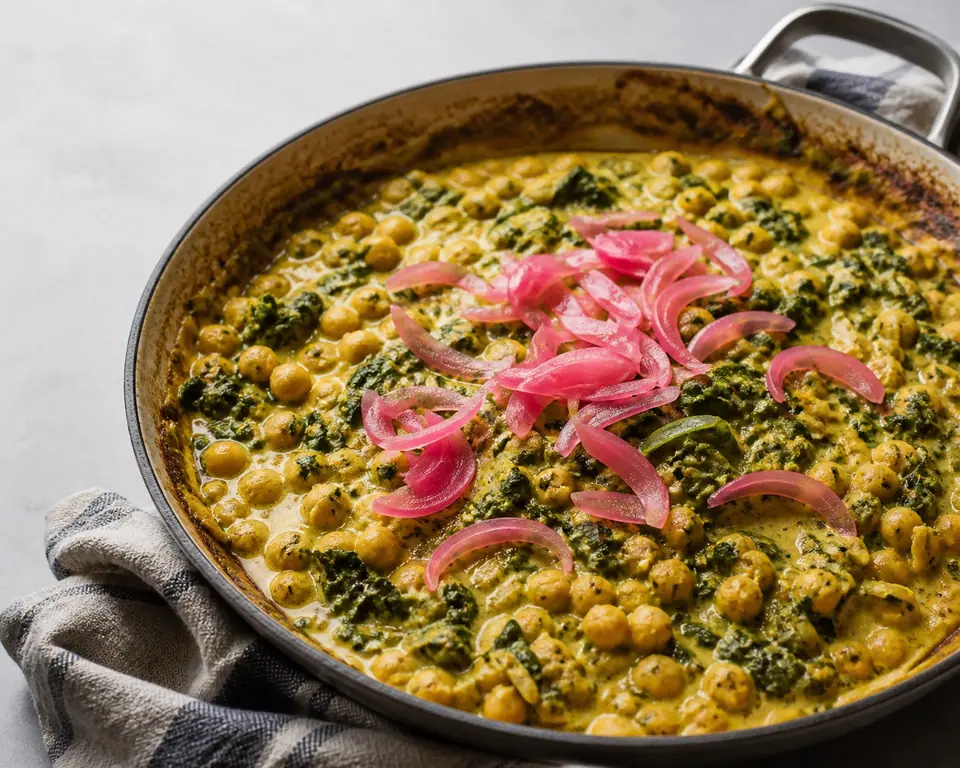 Coconut chickpea curry with greens and pink pickled onions