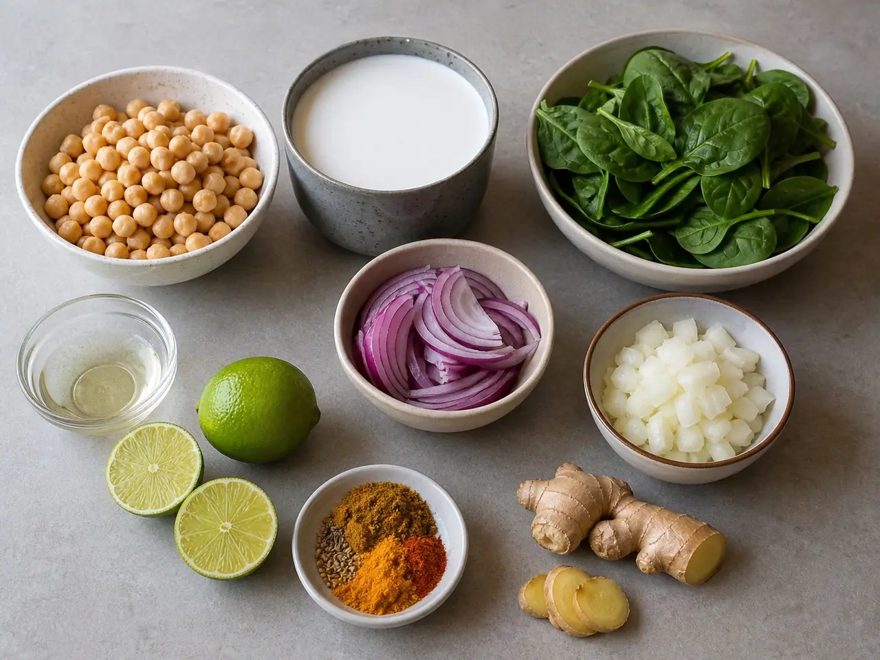 Red onion chickpeas coconut milk spinach vinegar lime and spices ready for curry