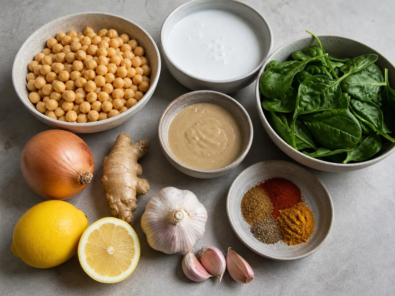 Chickpeas coconut milk tahini spinach lemon garlic and spices on a counter