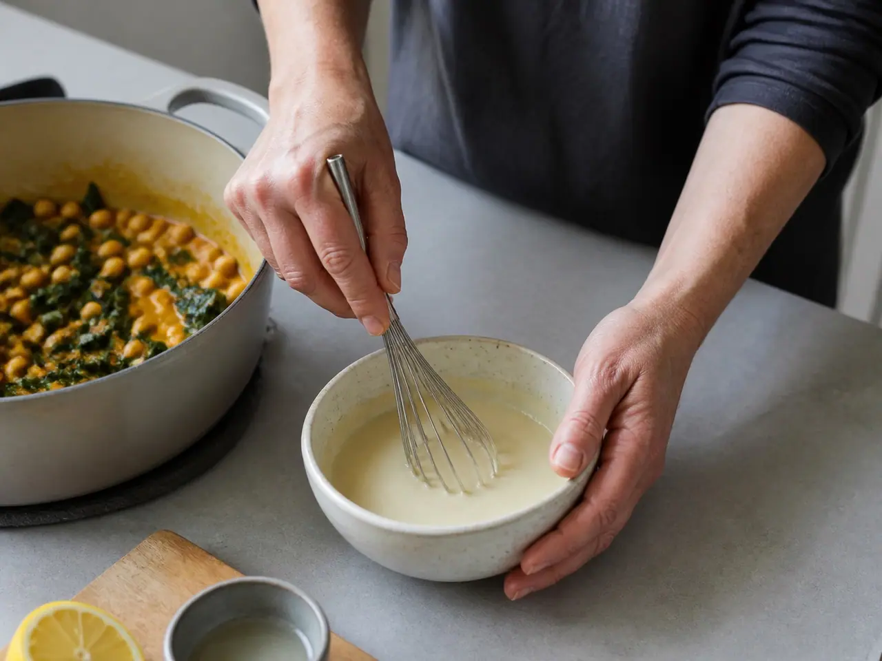 Hands grating garlic over a toasted spice paste for chickpea curry