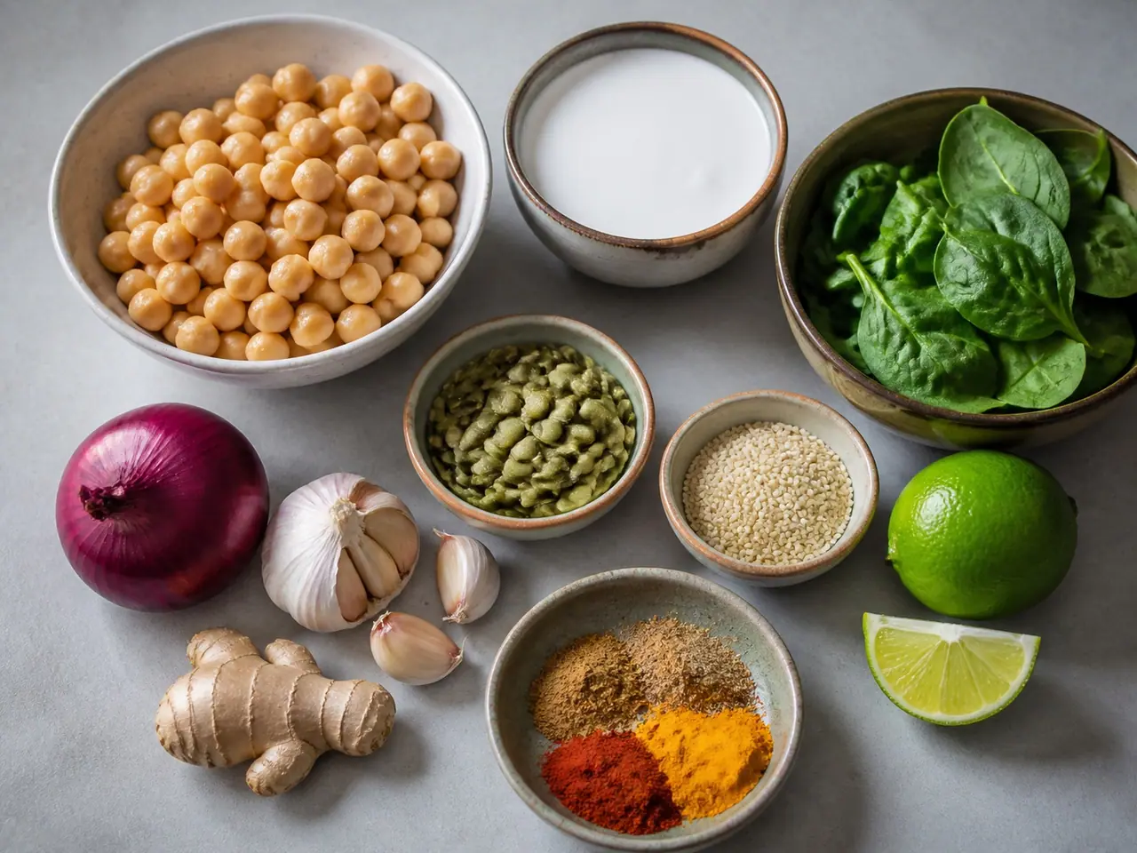 Chickpeas coconut milk spinach pumpkin seeds sesame lime and spices ready to cook