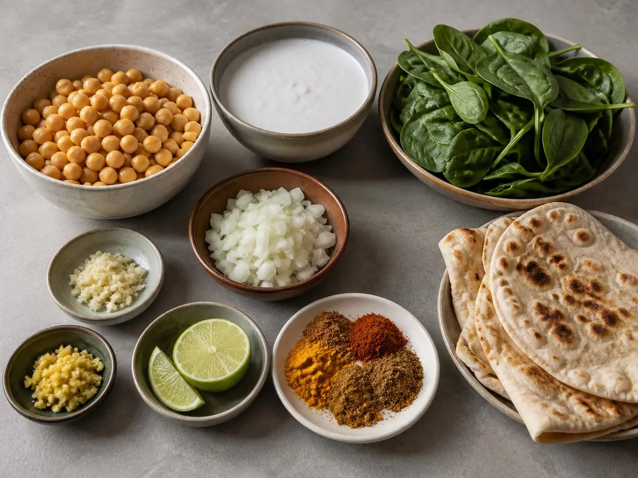 Chickpeas coconut milk spinach flatbreads onion ginger lime and spices arranged