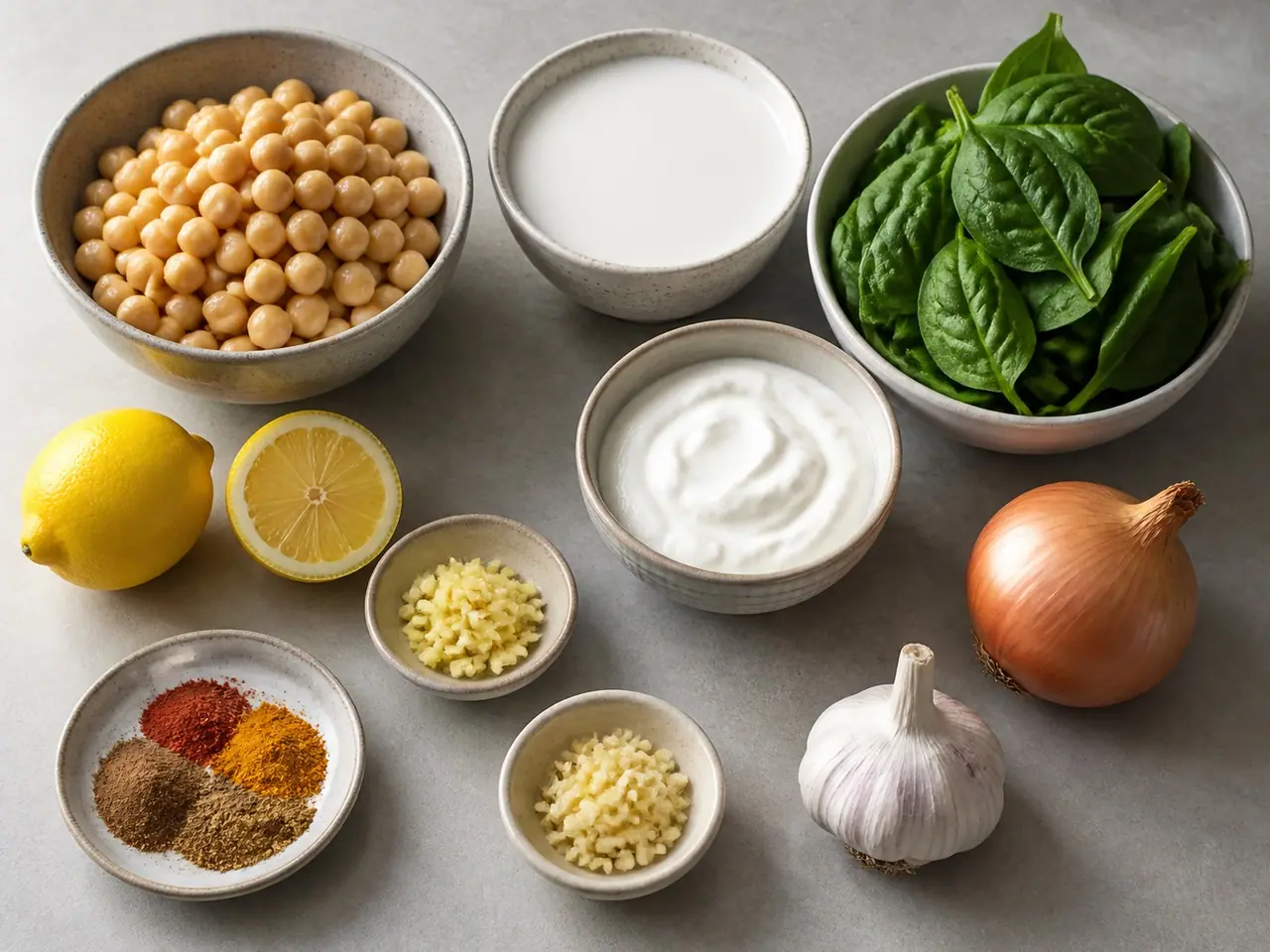 Chickpeas coconut milk spinach Greek yogurt lemon garlic ginger and spices arranged
