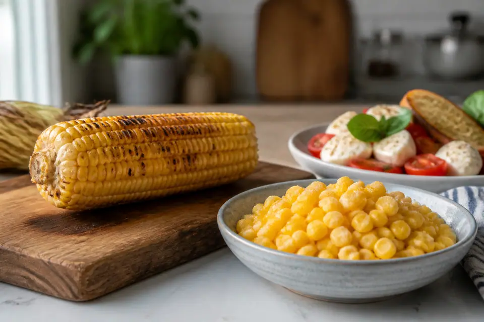 Corn on the cob and frozen sweetcorn beside a summer dinner