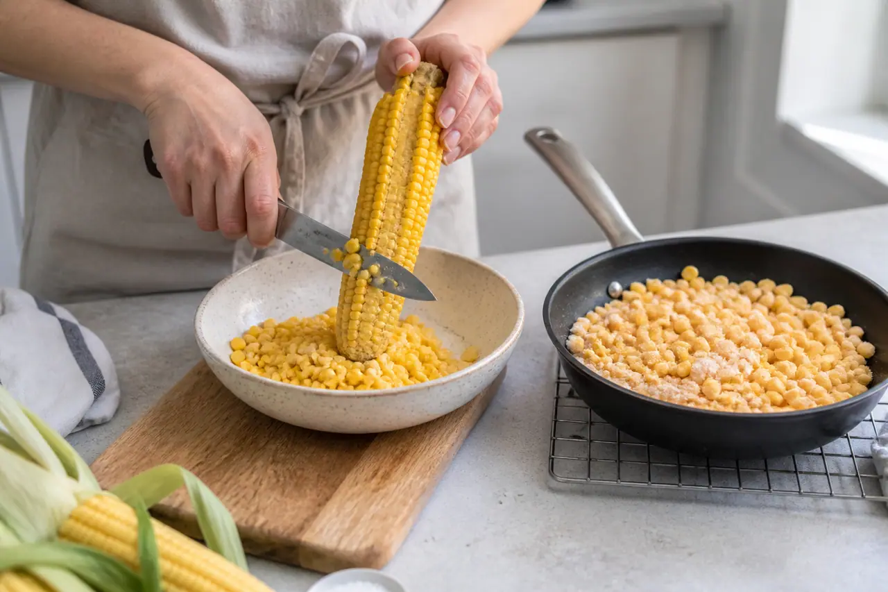 Hands cutting cooked corn kernels from a cob beside frozen kernels