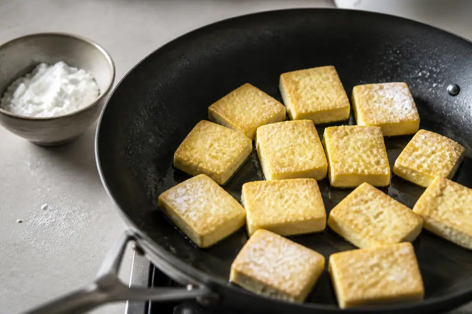 Thinly coated golden tofu pieces with a small bowl of cornstarch